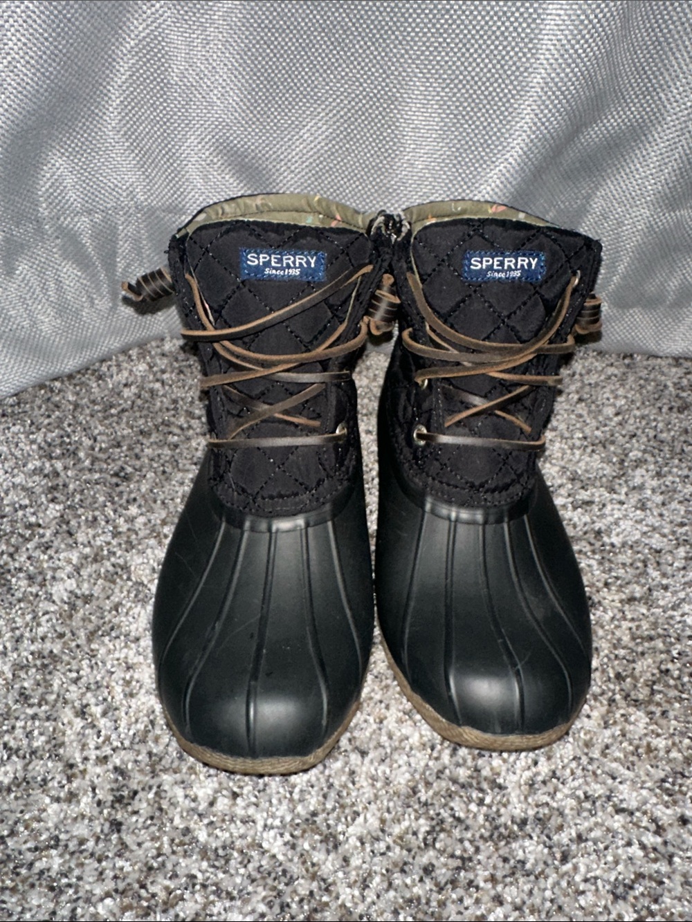 Sperry Black Quilted Duck Rain Boots with Brown Laces